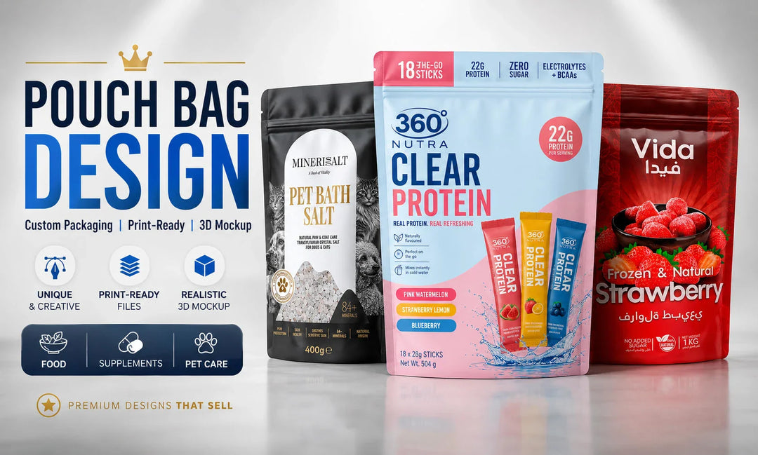 Design premium pouch bag packaging with front and back layout