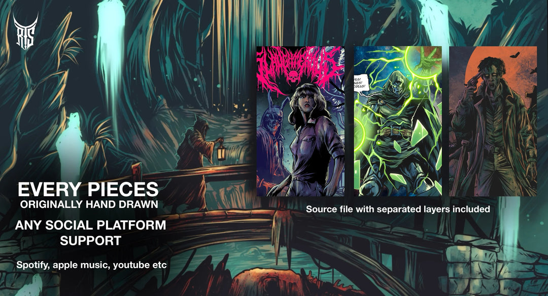Create dark fantasy art illustration for albums cover, merch, tattoo